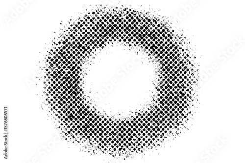 Grunge Halftone Dotted Circle, Abstract Circular Dot Pattern, Distressed Ink Stain Texture, Vintage Retro Pop Art, Black and White Vector Background, Graphic Design Element
