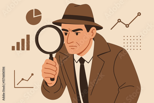 Business intelligence and data analysis concept. Detective with magnifying glass investigating financial charts. Market research, audit, inspection, and scrutiny vector metaphor.