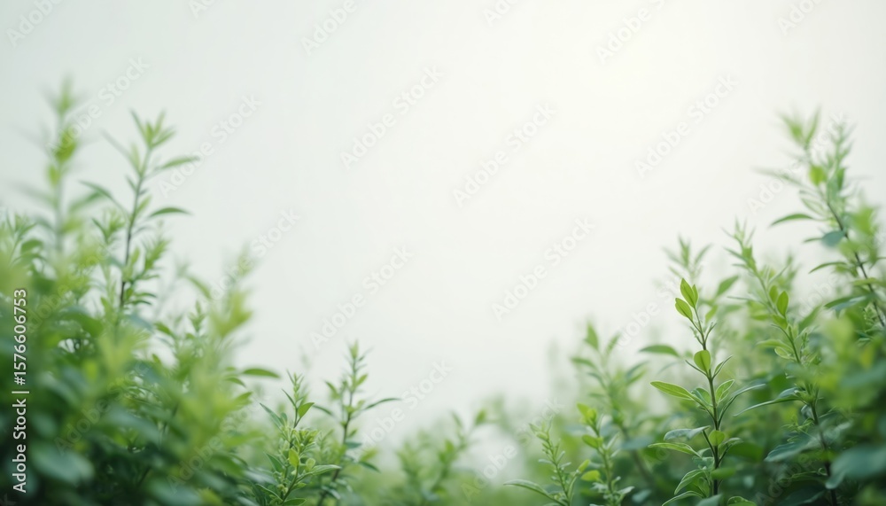 Fototapeta premium Lush green plant with leaves reaching outwards on rich brown soil in minimalist setup. Blurred green field or garden background provides sense of depth. Central location emphasizes plant serenity.