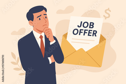 Businessman Considering Job Offer Letter, Employment Opportunity, Promotion, Higher Salary, Recruitment, Human Resources, Career Decision, Professional Success Concept
