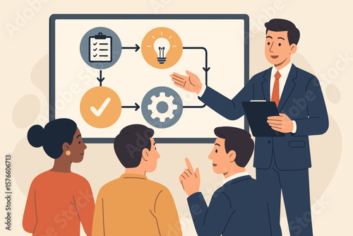 Businessman leader presenting a project workflow and planning process to the team. Company policy and standard procedure from idea to implementation on a step-by-step chart.