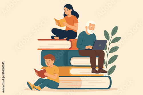 Lifelong learning, self study, skill development, continuous education, knowledge growth, people of all ages reading books, digital learning, motivation, personal improvement