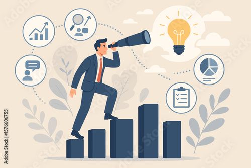 Product discovery, market trend research, and business strategy concept. Businessman with telescope on chart looking for innovation ideas. From prototype to product launch.