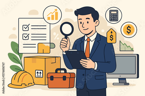 Procurement and asset management concept. Purchasing company equipment, goods, service. Businessman audit, checking price, depreciation. Financial inspection, inventory control.