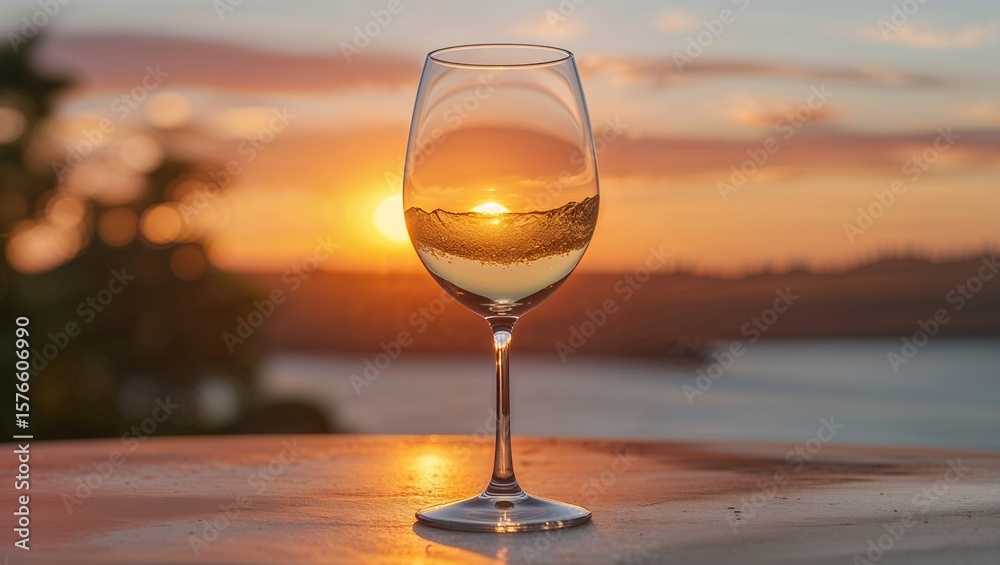 A single elegant glass of white wine sits on a table at a vineyard, with the beautiful golden light of the setting sun in the background A single elegant glass of white wine sits on a table at a vineyard, with the beautiful golden light of the setting sun in the background