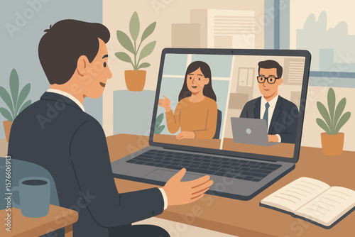 Remote work team meeting concept. Online business communication and discussion via video conference call. Virtual collaboration connecting colleagues from home and office technology.