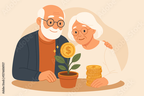 Retirement pension fund, investment profit for retiree. 401k savings and senior financial planning. Wealth management concept with elderly couple, grandpa and grandma.