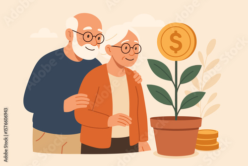 Retirement pension fund and investment profit concept. Elderly couple watching savings grow. Senior financial planning and wealth management for retiree. 401k metaphor.