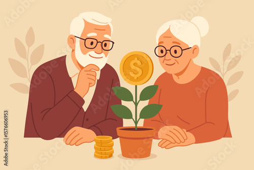 Elderly couple financial planning, retirement pension fund, 401k savings, investment profit, wealth management, senior money growth, income security, golden years concept