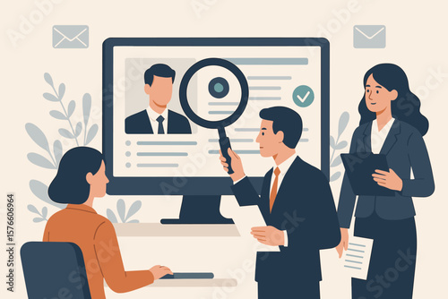 HR team reviewing candidate resume on computer for a job vacancy. Human resources managers choosing an applicant. Talent acquisition, employment, and recruitment concept.
