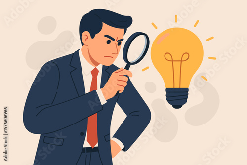Perfectionist businessman analyzing details with magnifying glass, focus on perfection, high standards, attention to detail, goal achievement, quality control, idea evaluation concept