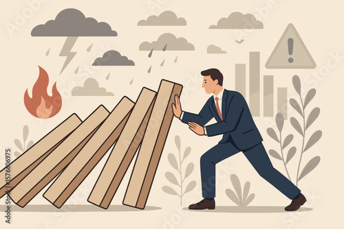 Businessman Preventing Domino Effect Crisis, Risk Management, Control Danger, Investment Strategy, Financial Loss Prevention, Crisis Assessment, Accident Protection Concept