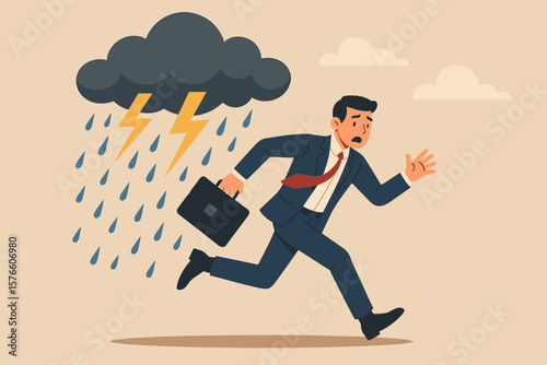 Businessman run away from crisis. Escape from disaster, bankruptcy, or danger. Failure and overworked concept. Anxiety, work stress metaphor. Man escaping storm cloud.