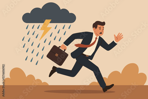 Businessman running from crisis, escaping disaster, bankruptcy, danger, failure, overwork, anxiety, work stress. Risk management, adversity, business challenge concept