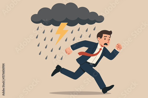 Businessman running from crisis, escaping disaster, misfortune, bankruptcy, danger, failure, overwork, anxiety, work stress, lightning storm, risk management concept