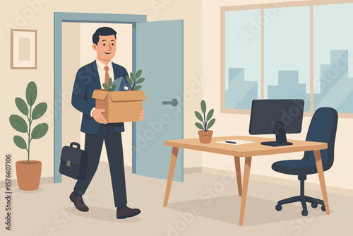 Businessman Starting New Job Carrying Box and Briefcase Entering Modern Office, Employee Onboarding, Career Change, New Opportunity, Recruitment, Employment Concept Illustration