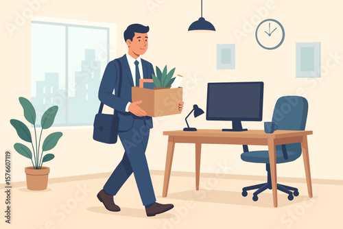 Businessman Starting New Job Office Onboarding, Employee Moving to New Workplace with Box, Career Change, Recruitment, Employment Opportunity, Corporate Workspace Concept