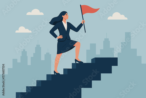 Successful female entrepreneur, woman leadership, achievement concept. Businesswoman on top of career staircase holding winning flag, reaching goals & vision.