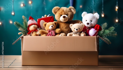 festively decorated cardboard box filled with teddy bears and toys for a holiday toy drive