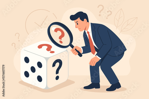 Businessman Analyzing Risk and Uncertainty with Magnifying Glass, Dice with Question Marks, Chance, Gamble, Risk Management, Opportunity Analysis, Future Prediction Concept