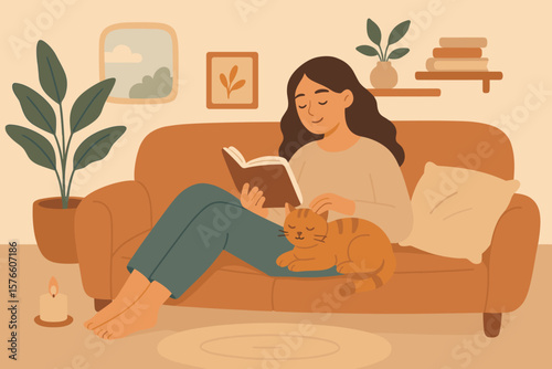 Cozy home relaxation scene, young woman reading book on sofa with cat, peaceful lifestyle, self care, stress relief, calm atmosphere, comfort, hygge, wellbeing, leisure