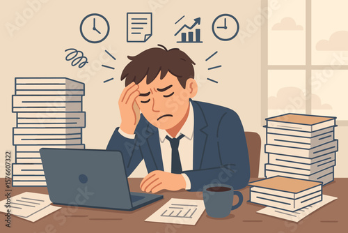 Overworked Businessman Feeling Stressed, Tired, and Exhausted from Project Deadlines. Headache, Anxiety, and Frustration in Busy Office Work.