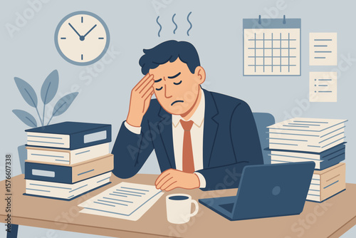 Workplace stress and burnout concept. Exhausted businessman with headache at desk. Overworked employee facing deadline pressure. Office fatigue syndrome. Mental strain and anxiety illustration.