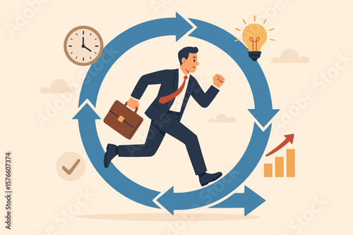 Businessman Running in Productivity Cycle Concept. Daily Routine, Agile Development, Work Efficiency, Discipline, Process to Success, Time Management, Growth, Idea Generation