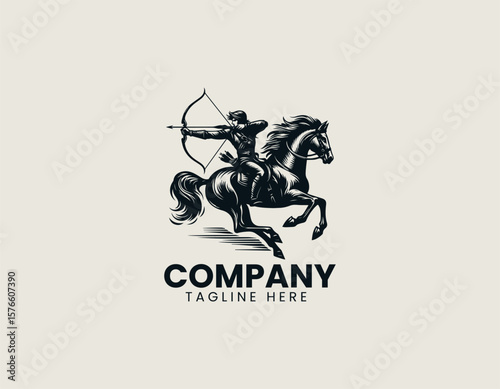 Dynamic Mounted Archer Galloping Horse Ancient Warrior Vector Logo Design