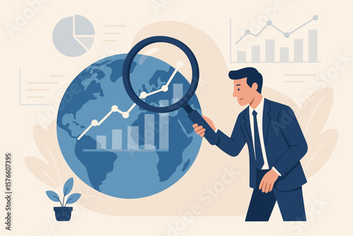 World Economic Analysis: Global Investment, International Business Research & Financial Information Forecast. Businessman Analyzing Data & Growth Opportunity