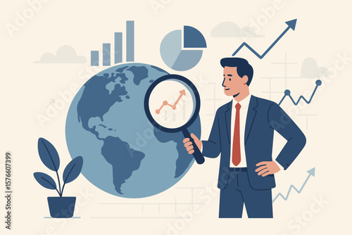 Global economic analysis, international business investment research, financial data forecast, businessman with magnifying glass, world market growth, analytics concept