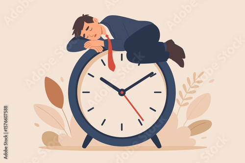 Procrastination and Wasted Time Concept. Lazy Businessman Sleeping on Alarm Clock. Low Productivity, Lack of Motivation, Self Discipline Problem, Slow Life, Tired at Work