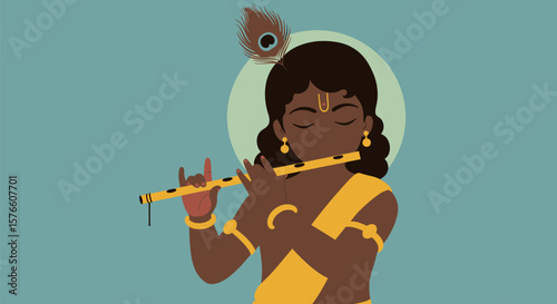 Dark-Skinned Krishna Playing a Bansuri Flute, Calm Pose, Peacock Feather Adornment
