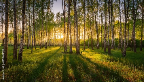 stunning landscape of a tranquil birch forest at golden hour low sun filters through the trunks casting dramatic god rays and long shadows on lush grass