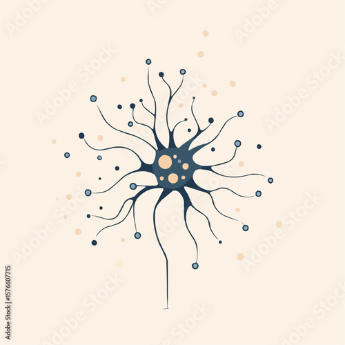 Minimal flat neuron icon with axon in clean geometric design, perfect for educational posters, science presentations or healthcare infographics