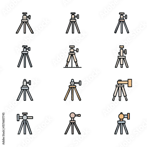 A collection of twelve colorful, outlined tripod icons for photography and videography equipment, presented in a clean, minimalist style on a white background