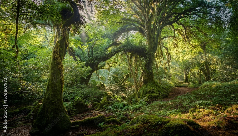 Fototapeta premium a majestic ancient forest characterized by its dense and towering trees