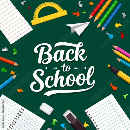 Back to School Flat Illustration of Chalkboard with Colorful School Supplies, Ready for Learning!