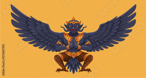 Garuda Statue: Dark Blue Avian Deity in a Praying Pose with Golden Accents
