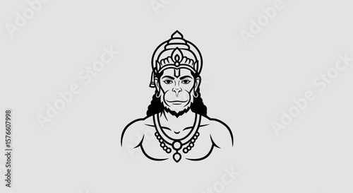 Hanuman Line Art Illustration: Hindu Deity with Crown and Necklace