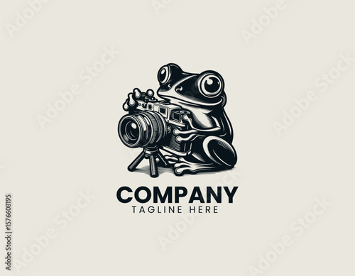 Whimsical Frog Photographer Holding Camera Creative Photography Vector Logo Design