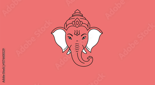 Minimalist Ganesha Illustration with Intricate Details and Elegant Design on Pink Background