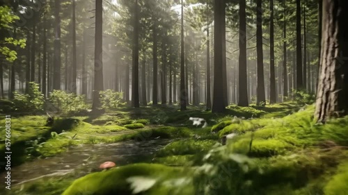Sunlit Forest Stream with Lush Green Moss