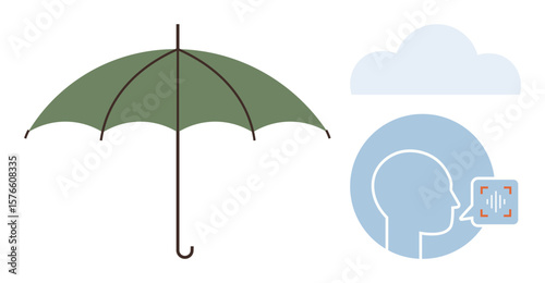 Green umbrella alongside voice and cloud symbols conveying themes of protection, speech, and technology. Ideal for weather, communication, security, privacy, technology, AI and metaphors