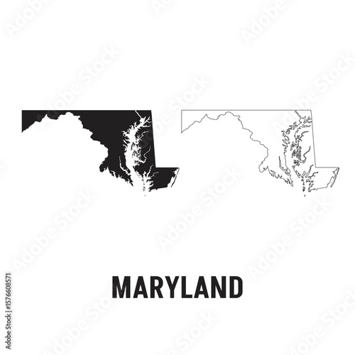 Contour map of the state of Maryland, USA. Vector graphic illustration on a transparent background with black region borders