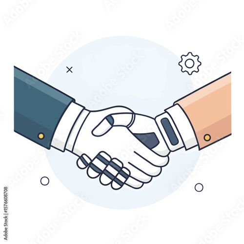 Human-Robot Partnership: A symbolic representation of collaboration. with a handshake between human and robot, celebrating unity.
