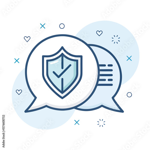 Security in Conversation: This illustration conveys trust and protection, featuring a shield with a checkmark within speech bubbles against a soft background, perfect for themes of security.
