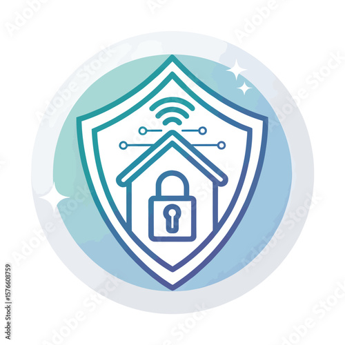 Smart Home Security: A vibrant, modern graphic represents the fusion of technology and home protection, with a shield symbolizing safety and a house icon indicating dwelling.
