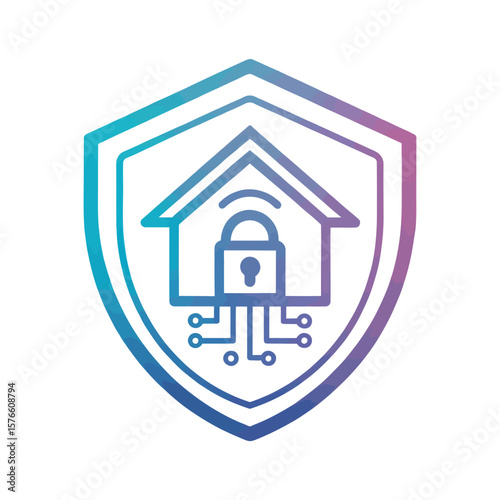 Smart Home Security System Icon: A modern gradient icon depicting a house protected by a shield, symbolizing the security and safety of a smart home system. This graphic element showcases technology.
