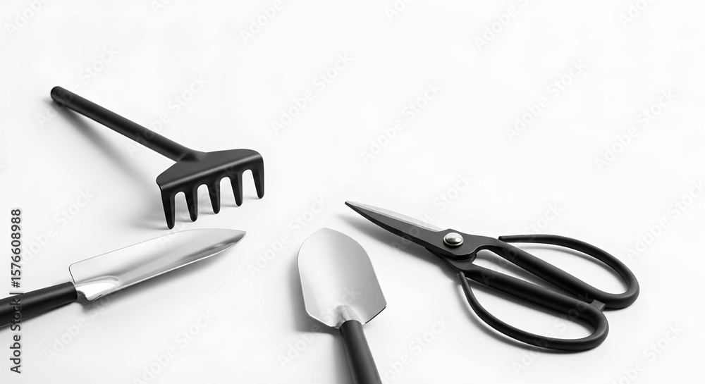 Fototapeta premium Various gardening tools including hand trowel, cultivator, and scissors are laid out on a clean white surface, planting in spring